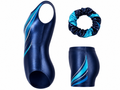 Custom Gymnastics Leotard Set | Wholesale Gym Team Set with Shorts and Scrunchie | Navy Teal Silver | Apparels Bridge
