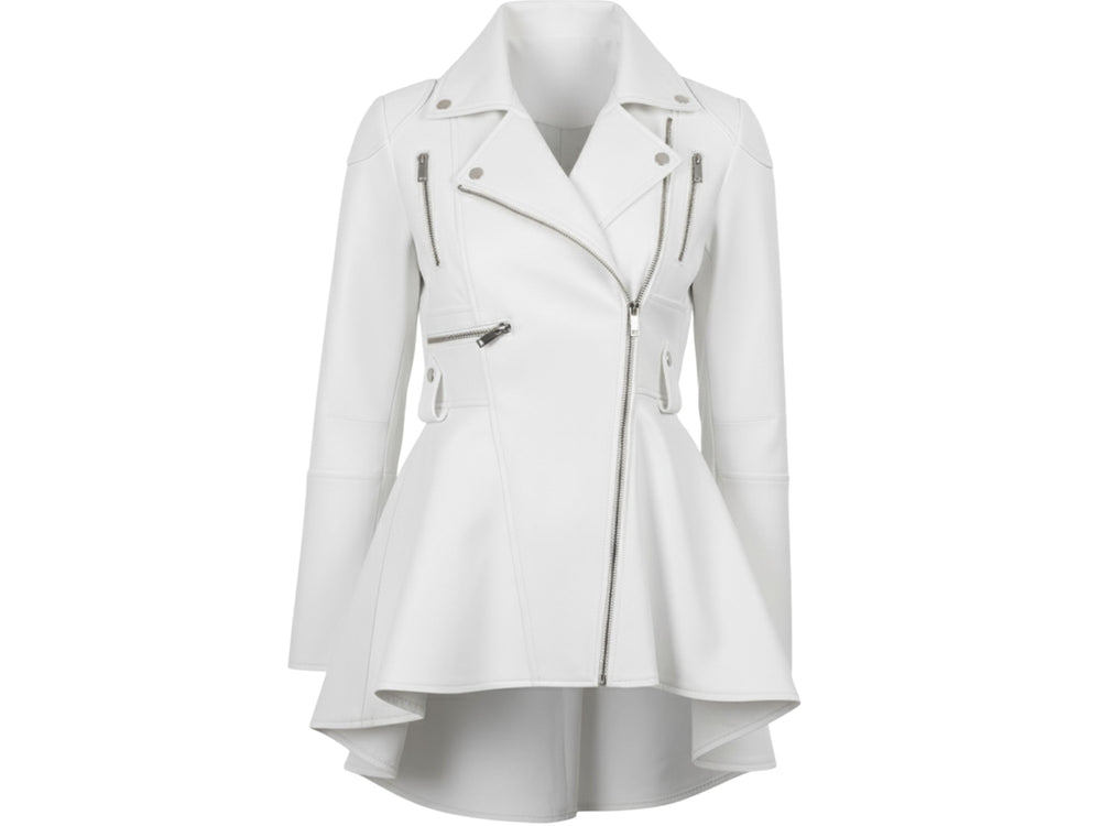 Women’s White Lambskin Leather Peplum Jacket Wholesale Custom Private Label Outerwear Manufacturer front design preview