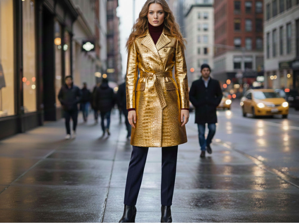 Women’s Gold Cowhide Leather Trench Coat Wholesale Custom Private Label Outerwear Manufacturer front design preview