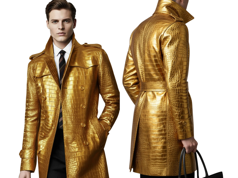 Men’s Gold Crocodile Embossed Cowhide Leather Coat Wholesale Custom Private Label Manufacturer front design preview