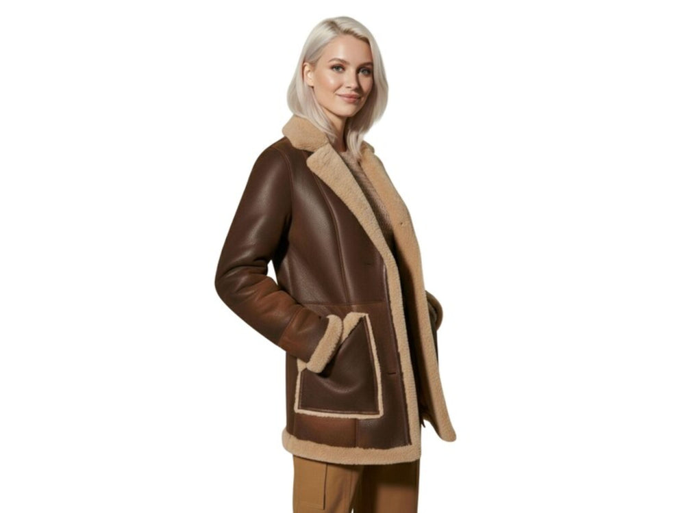 Brown Sheepskin Rancher Coat Wholesale | Women’s Faux Shearling Winter Jacket Manufacturer front design preview