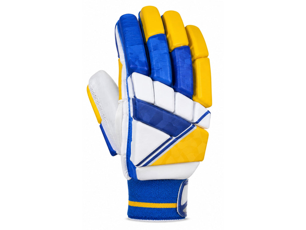 Custom Blue Yellow Cricket Batting Gloves – Wholesale Team Gloves for Clubs front design preview