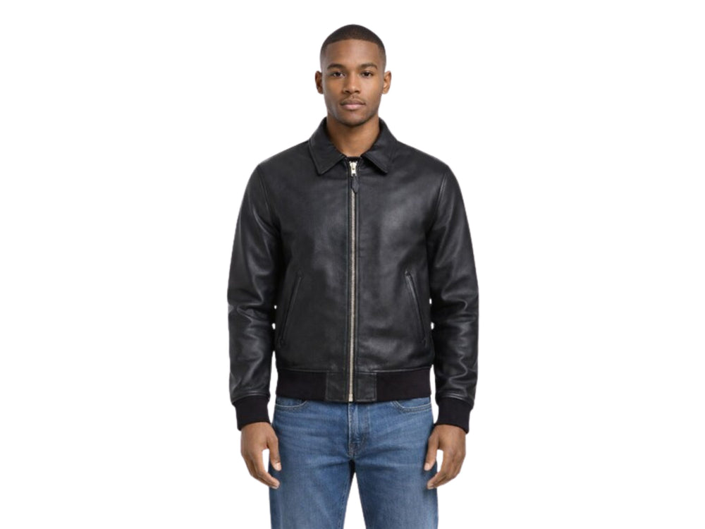 Men’s Black Lambskin Leather Bomber Jacket Wholesale Custom Private Label Outerwear Manufacturer front design preview