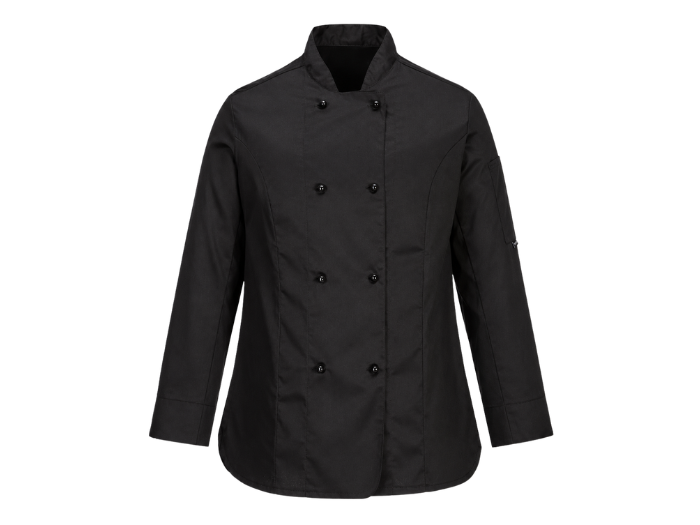 Women’s Double-Breasted Chef Jacket Black | B2B Low MOQ Hospitality Workwear Manufacturer front design preview