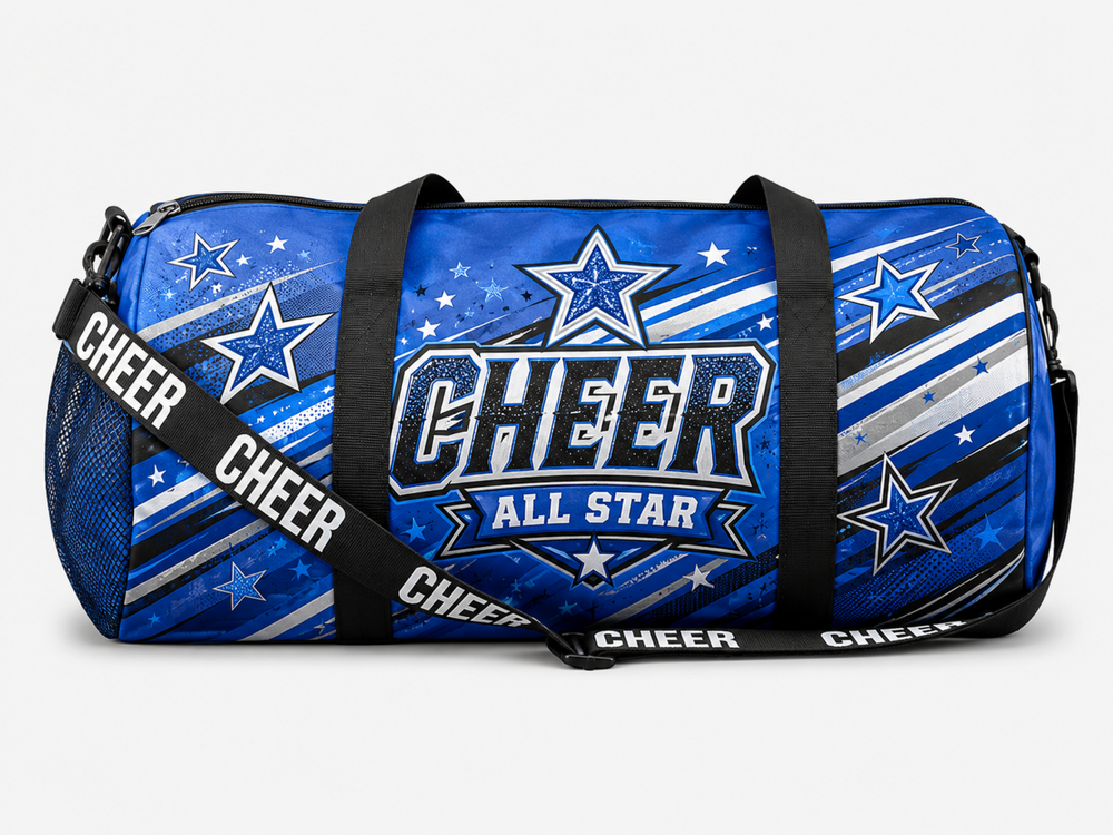 Custom Blue Cheer Duffle Bag – Wholesale Cheer Team Gear Bag with Star Graphics front design preview