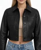 Women’s Black Cropped Real Leather Jacket Wholesale Custom Private Label Leather Outerwear Manufacturer