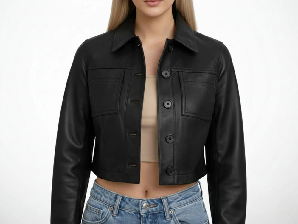 Women’s Black Cropped Real Leather Jacket Wholesale Custom Private Label Leather Outerwear Manufacturer front design preview