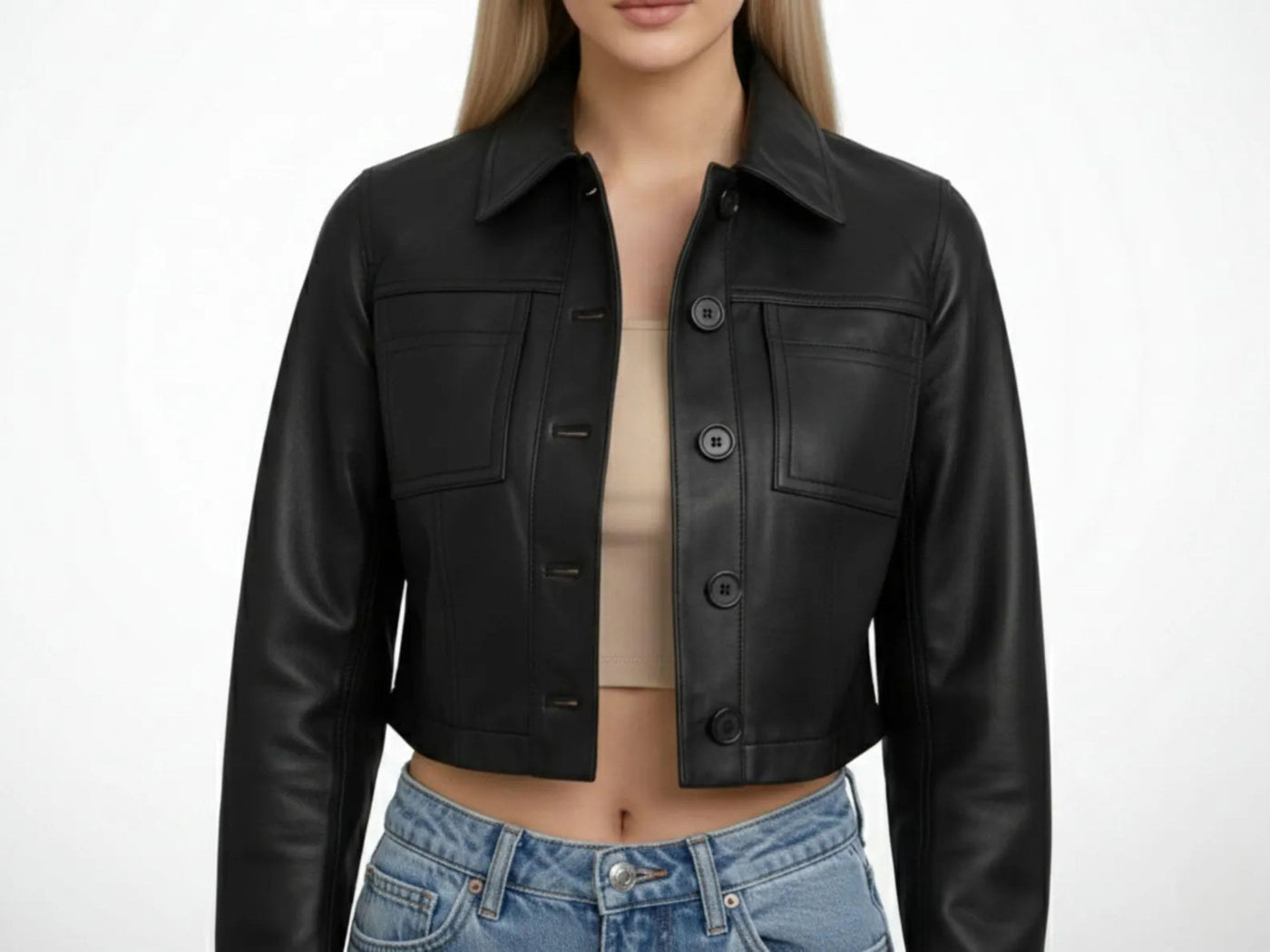 Women’s Black Cropped Real Leather Jacket Wholesale Custom Private Label Leather Outerwear Manufacturer