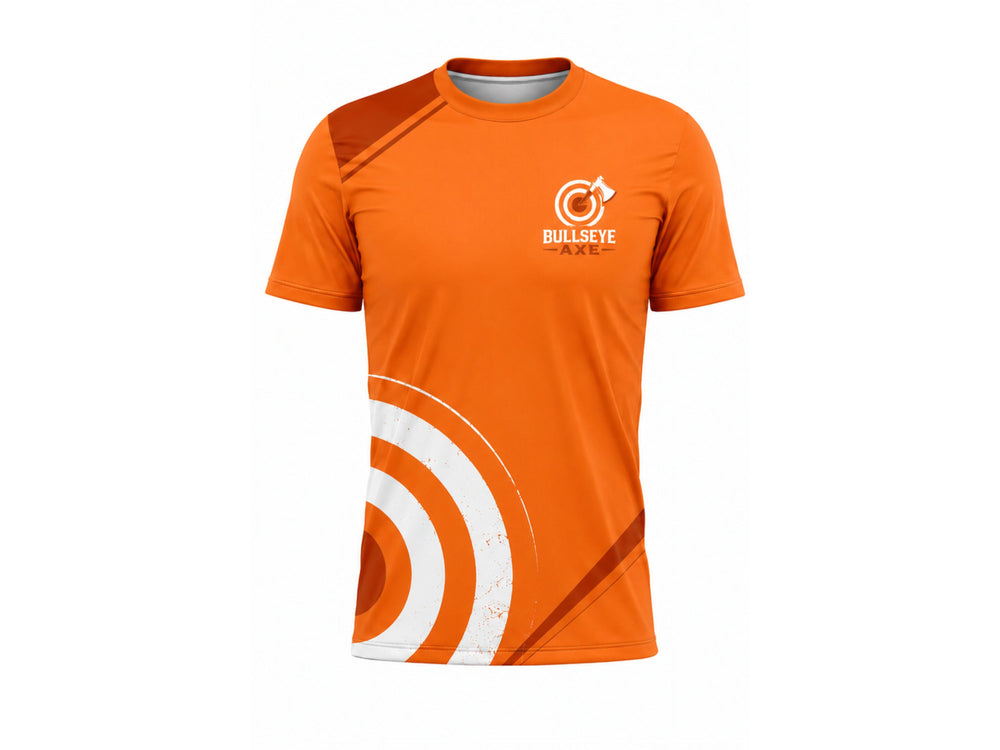 Custom Orange Axe Throwing Venue Logo T-Shirt – Wholesale B2B Staff & Merchandise Shirt front design preview