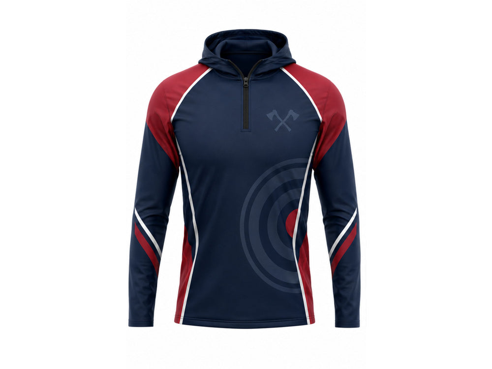 Custom Navy Red Sublimated Axe Throwing Hoodie – Wholesale Team Apparel front design preview