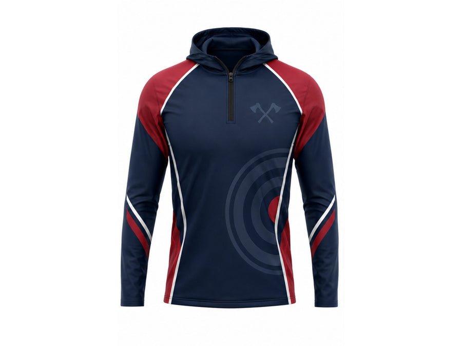 Custom Navy Red Sublimated Axe Throwing Hoodie – Wholesale Team Apparel design preview