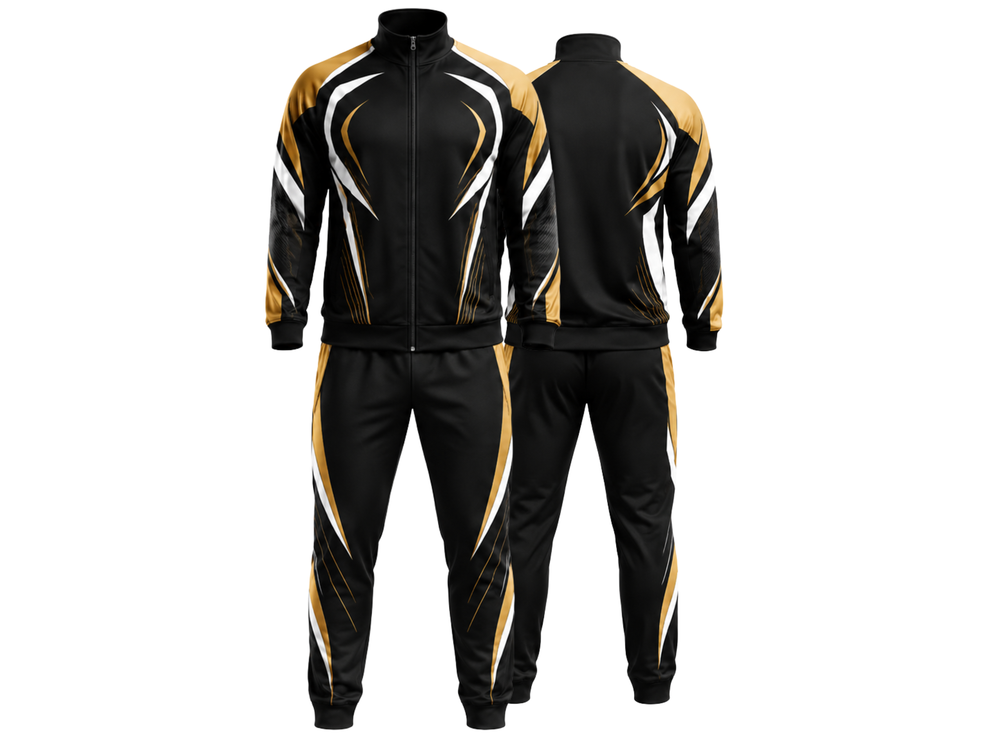 Custom Black Gold Rugby Tracksuit | Wholesale Team Warmup Jacket and Pants Set front design preview