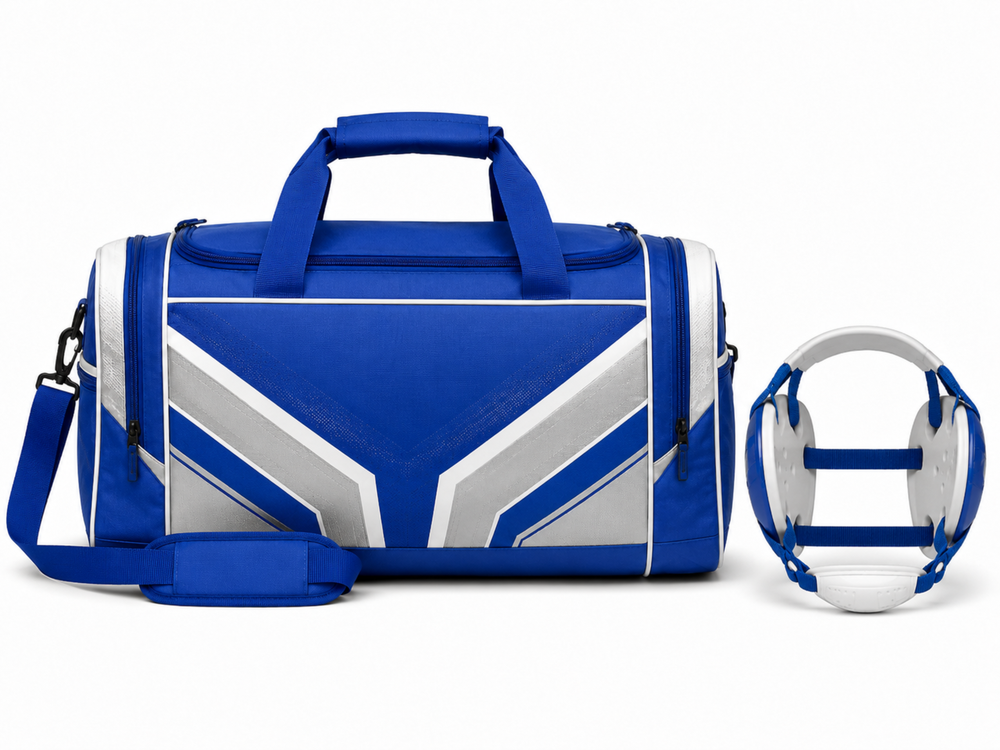 Custom Wrestling Team Bag and Headgear Bag Set | Wholesale Wrestling Gear Bundle | Blue White | Apparels Bridge front design preview