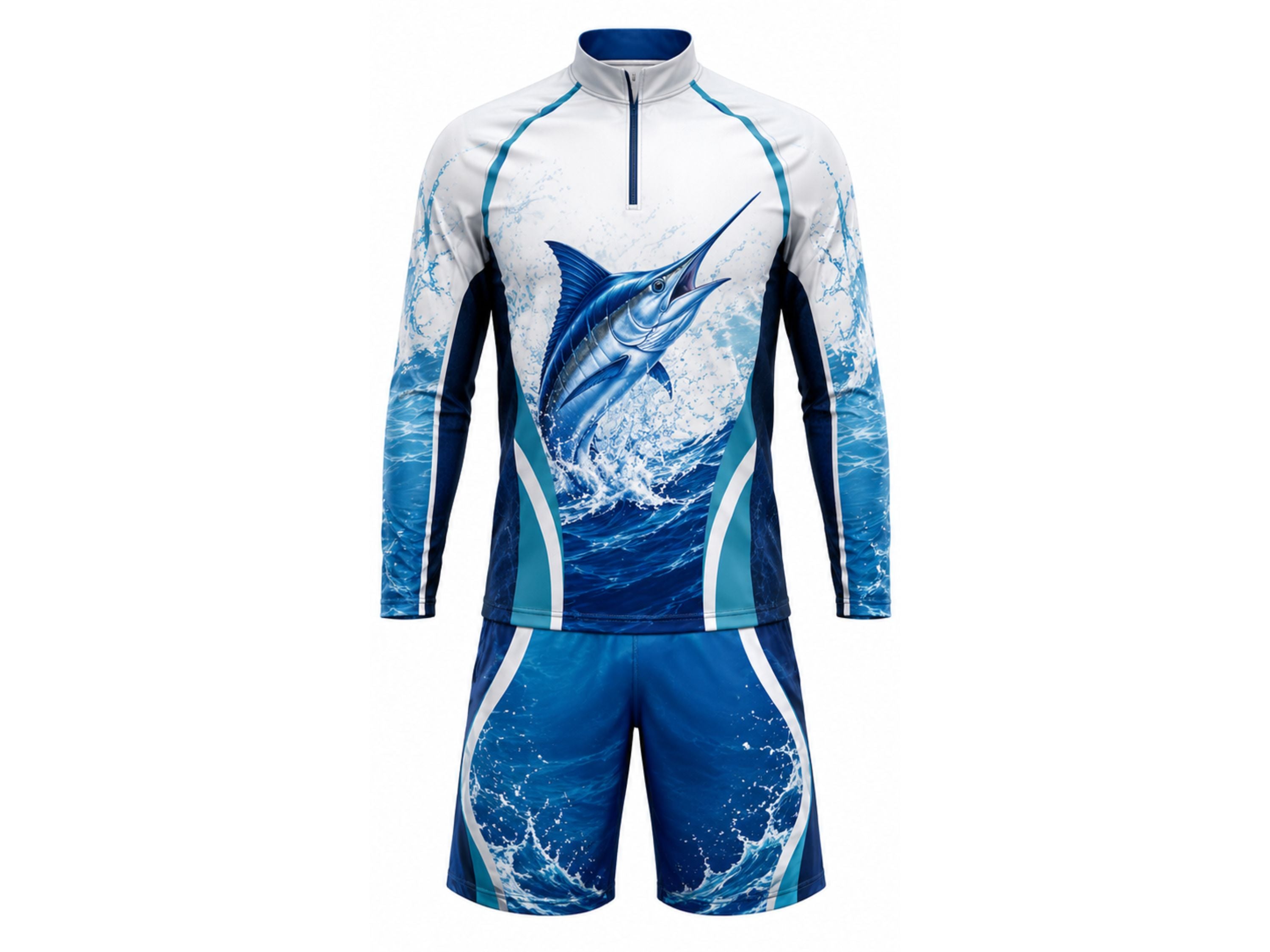 Custom Fishing Uniform Set | Wholesale Fishing Team Jersey and Pants | White Blue Marlin | Apparels Bridge