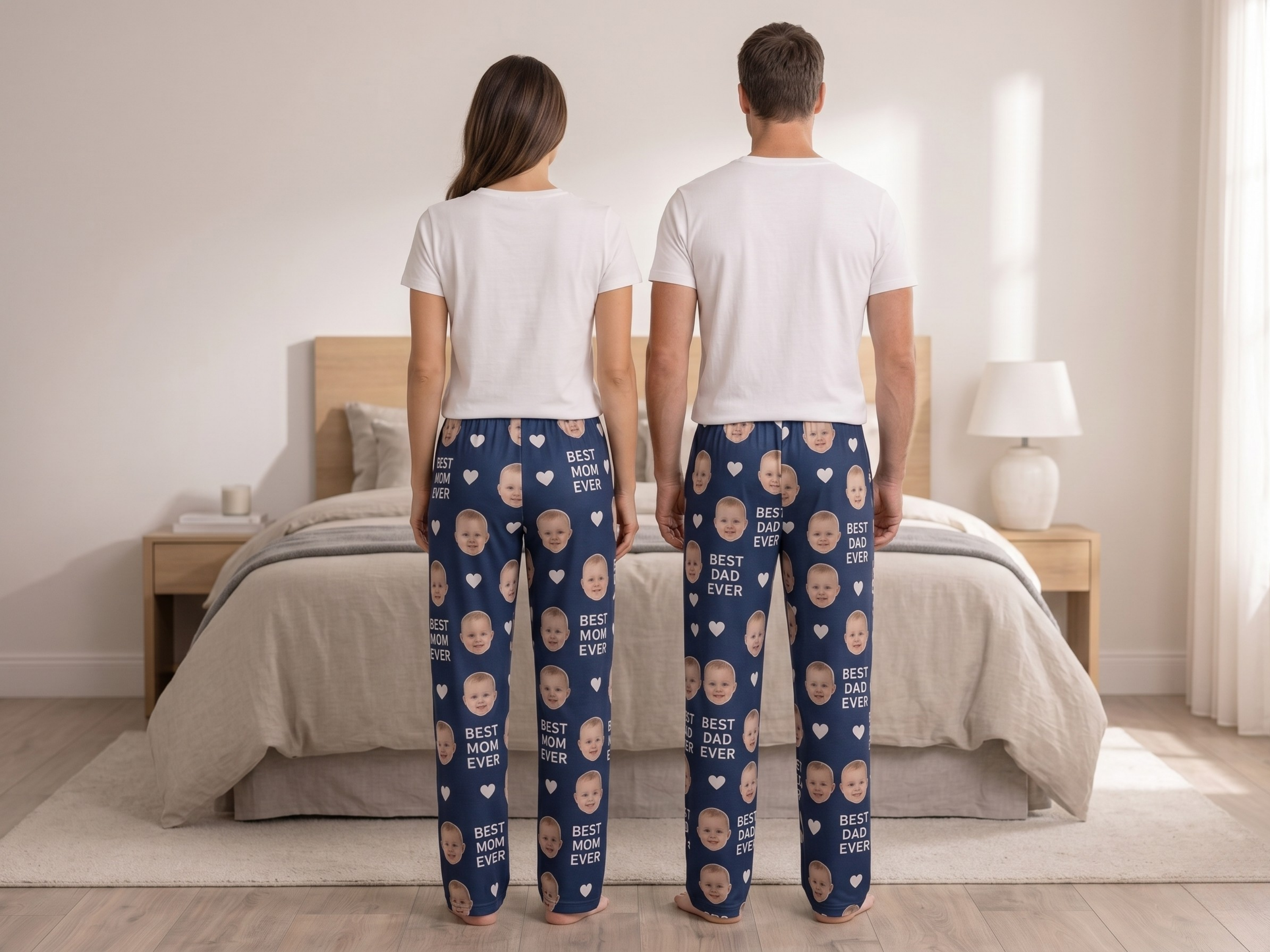 Wholesale Custom Baby Face Polyester Pajama Pants, Blue Unisex Couples Sleepwear Manufacturer for Private Label Brands