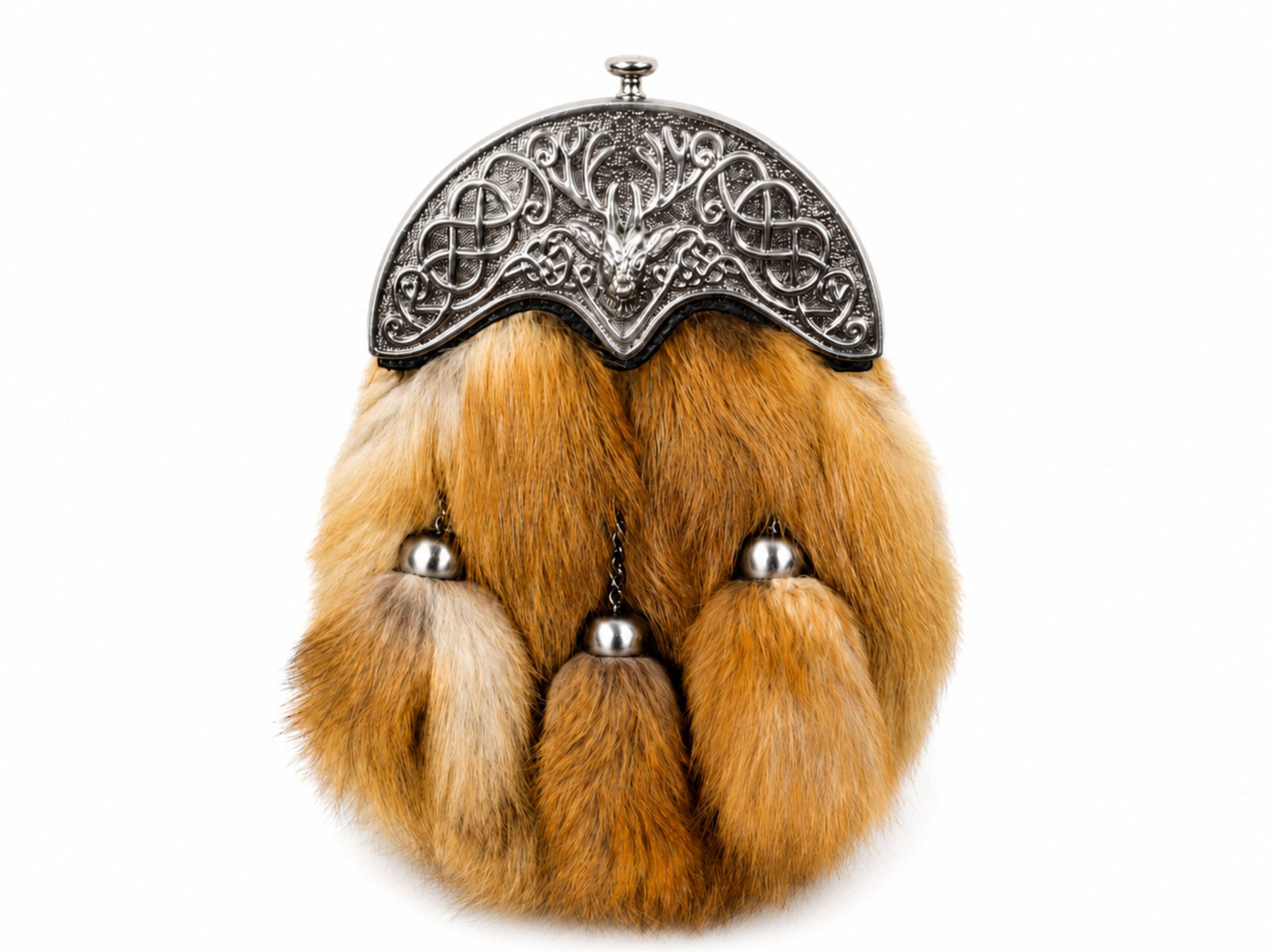Fox Fur Dress Sporran Brown with Silver Cantle and Three Tassels | B2B Low MOQ