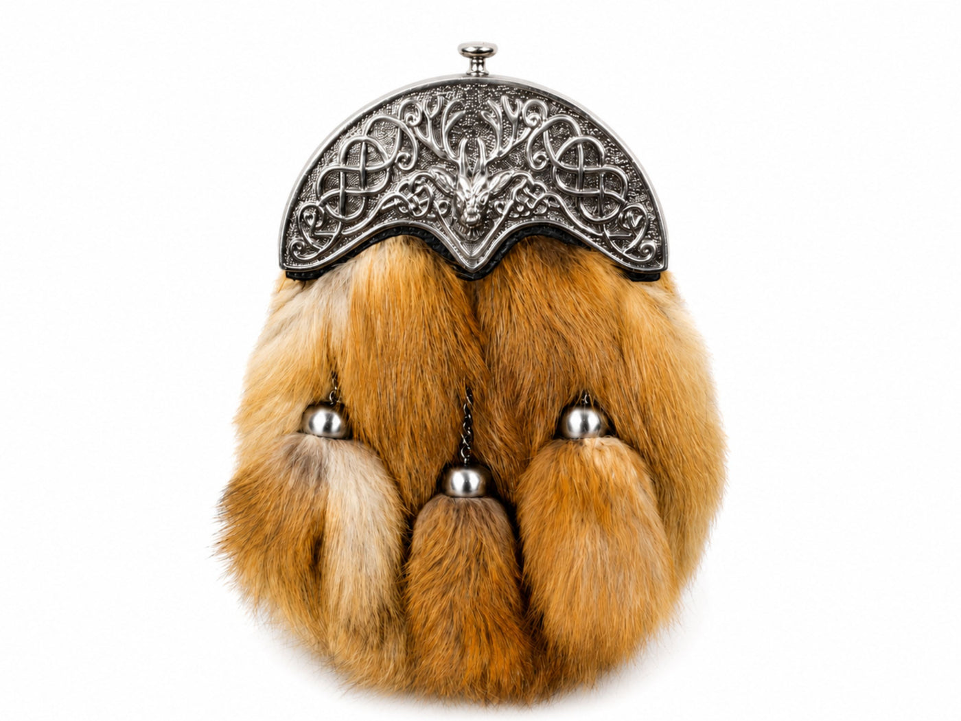 Fox Fur Dress Sporran Brown with Silver Cantle and Three Tassels | B2B Low MOQ