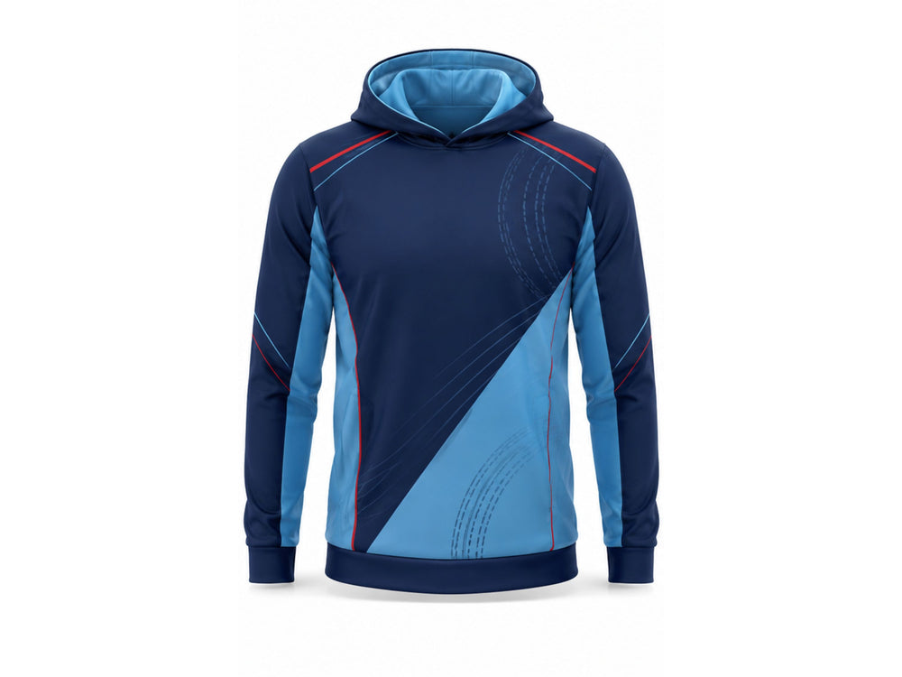 Custom Navy Blue Cricket Hoodie – Sublimated Team Pullover for Wholesale Clubs front design preview