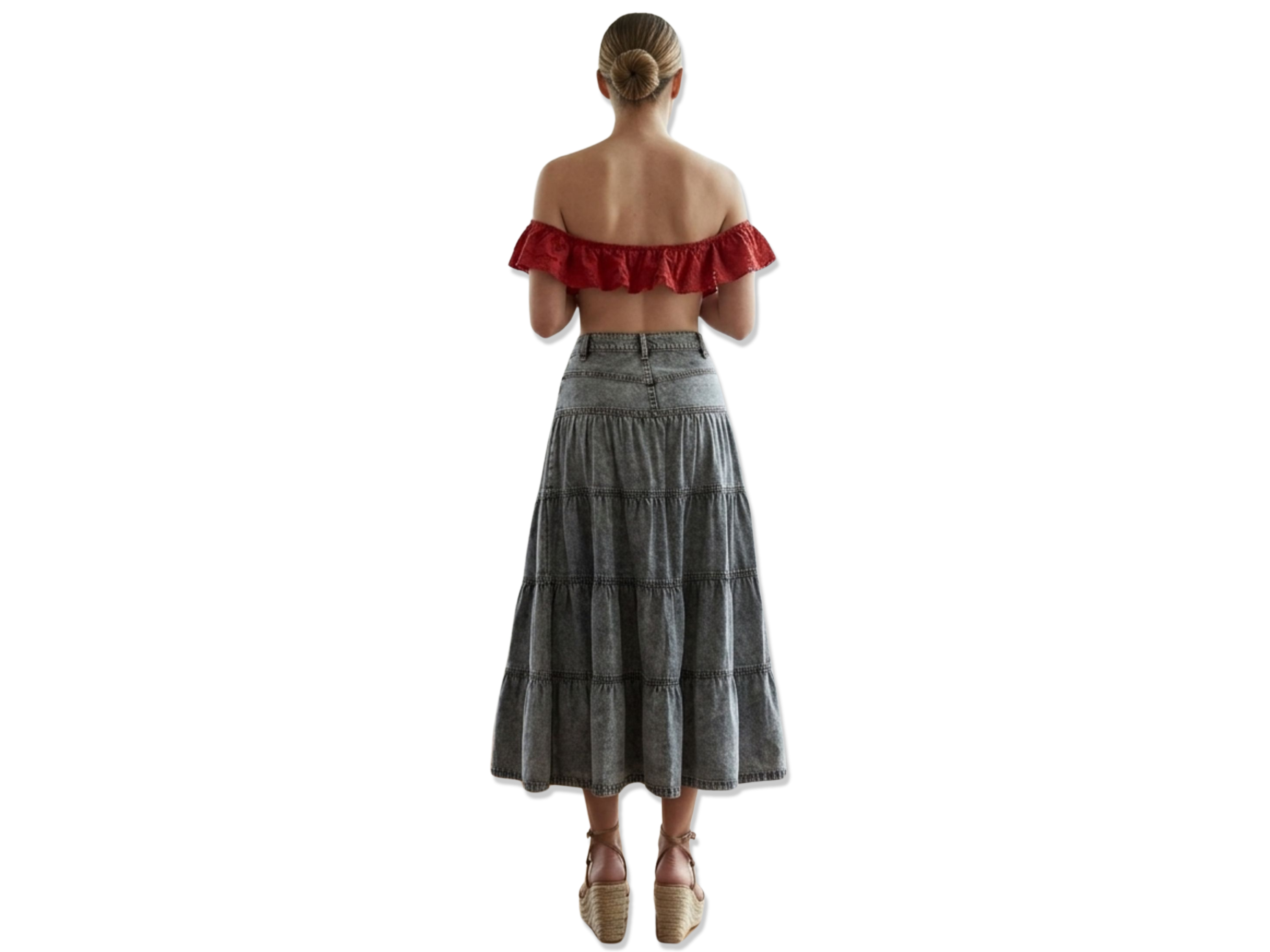 Wholesale Custom Acid Wash Denim Midi Skirt Manufacturer Private Label Tiered Cotton Skirt