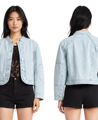 Custom Women’s Collarless Cropped Denim Blue Jacket B2B