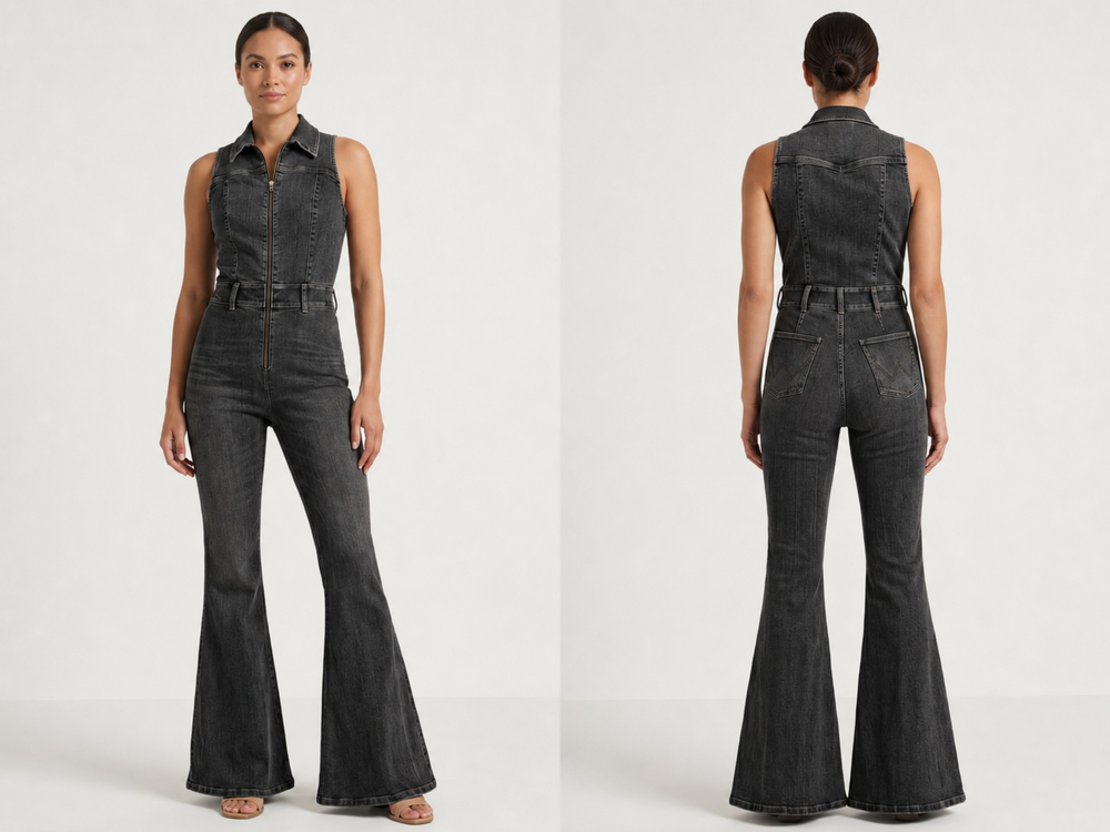 Wholesale Custom Black Denim Jumpsuit Manufacturer Private Label Zip Front Flare Boilersuit front design preview