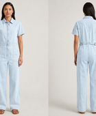 Wholesale Custom Light Blue Denim Jumpsuit Manufacturer Private Label Zip Front Boilersuit