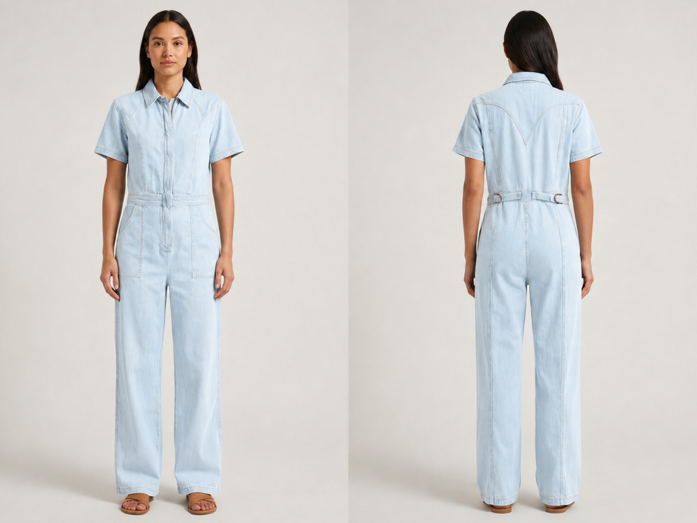 Wholesale Custom Light Blue Denim Jumpsuit Manufacturer Private Label Zip Front Boilersuit front design preview