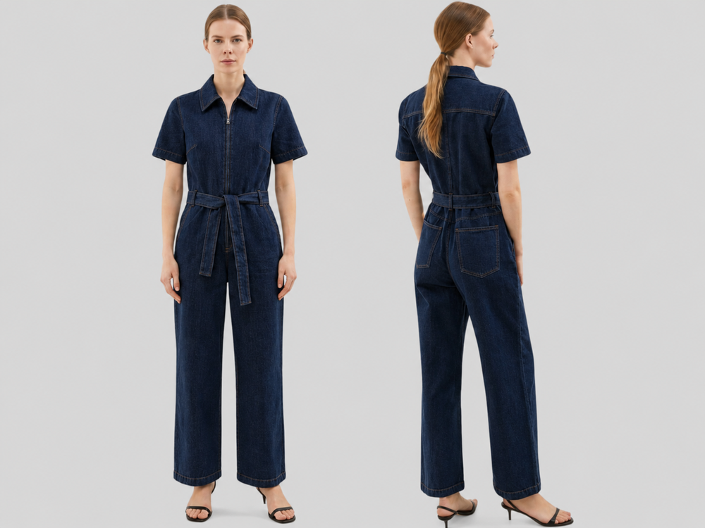 Wholesale Custom Dark Navy Denim Jumpsuit Manufacturer Private Label Zip Front Coverall front design preview