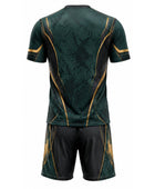 Dark Green & Gold Axe Throwing Uniform – Bulk Team Jersey & Shorts, Low MOQ, Wholesale Performance Set