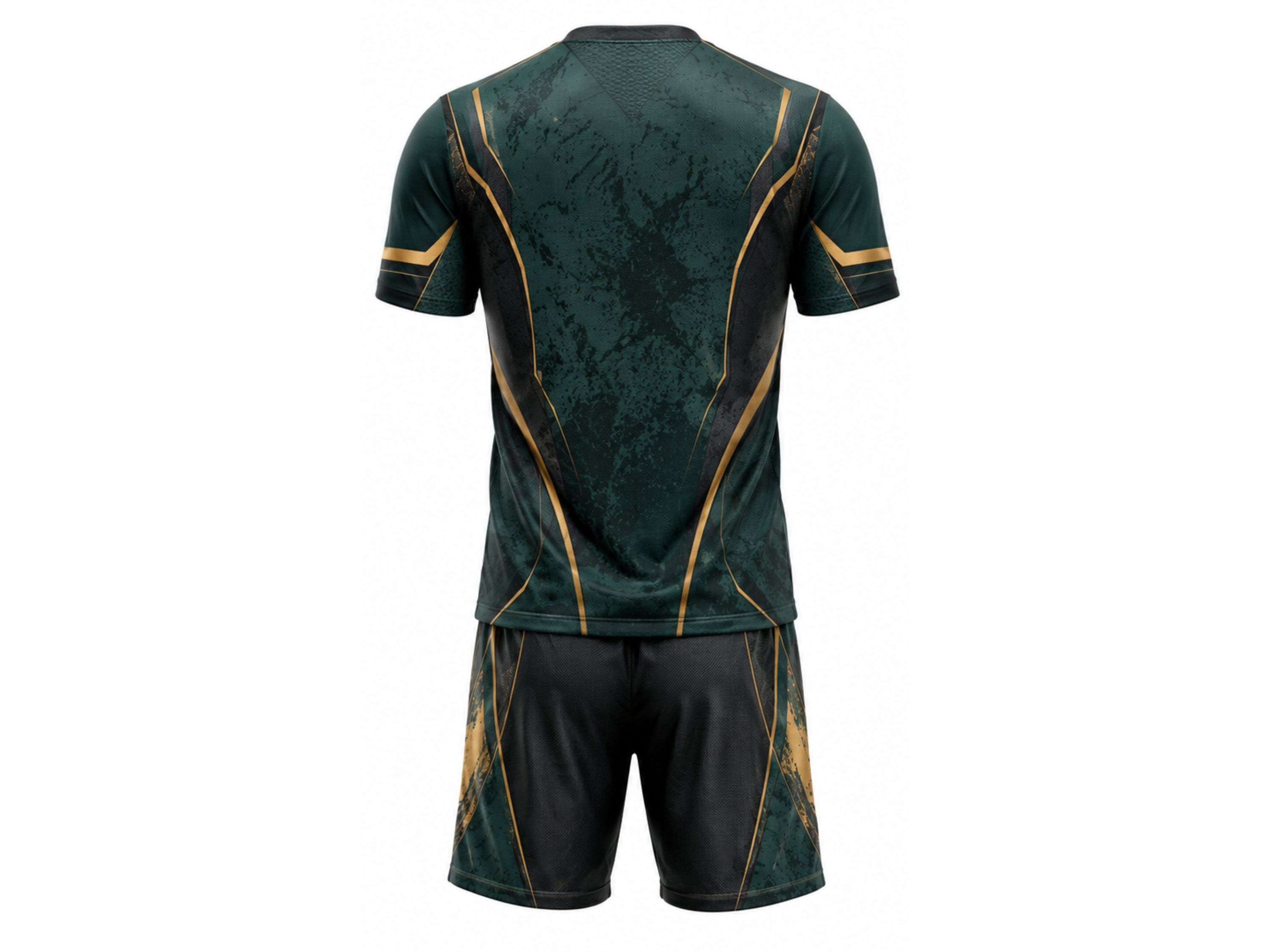 Dark Green & Gold Axe Throwing Uniform – Bulk Team Jersey & Shorts, Low MOQ, Wholesale Performance Set