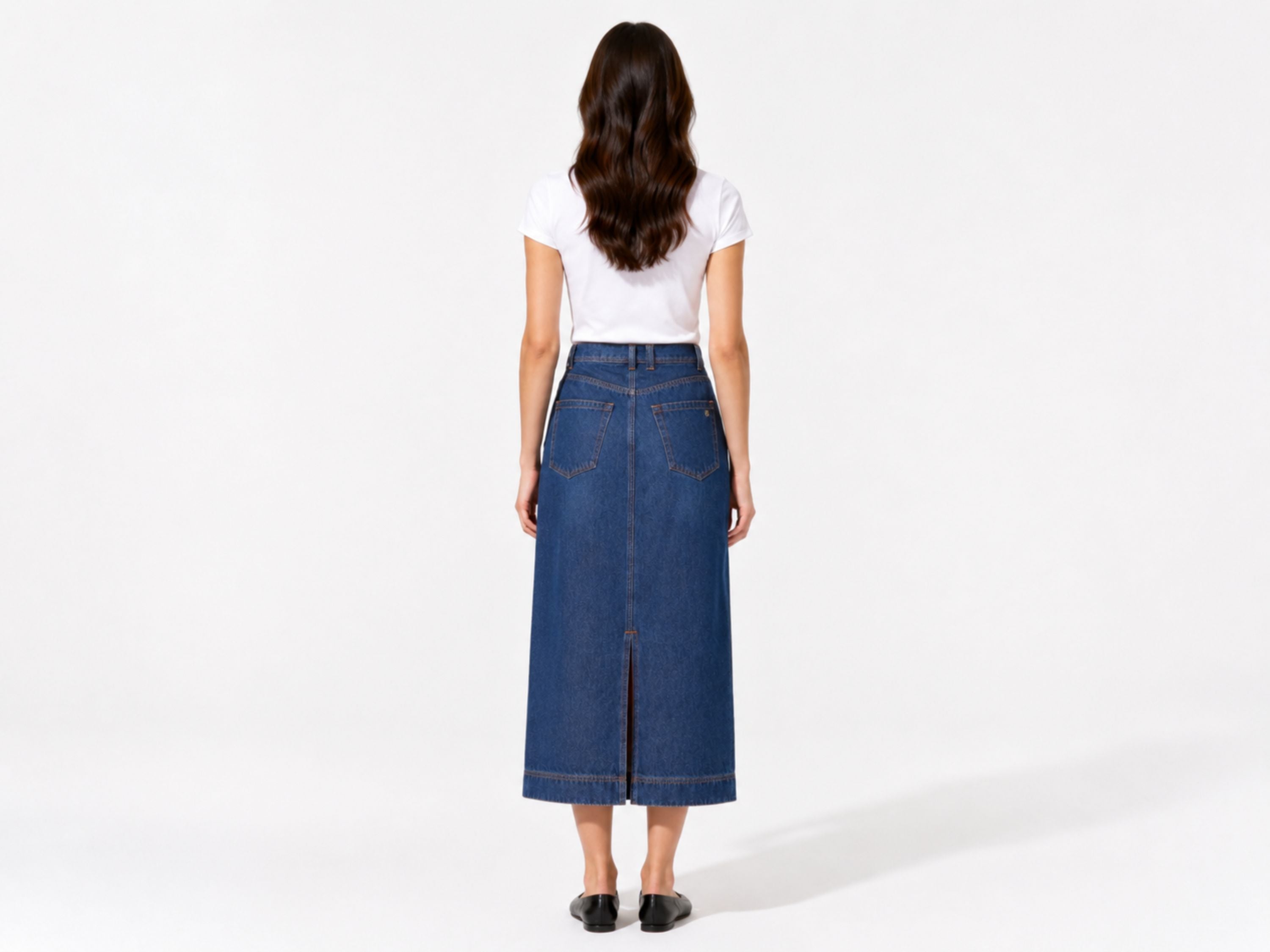 Custom Women’s Dark Blue Denim Midi Skirt for Private Labels