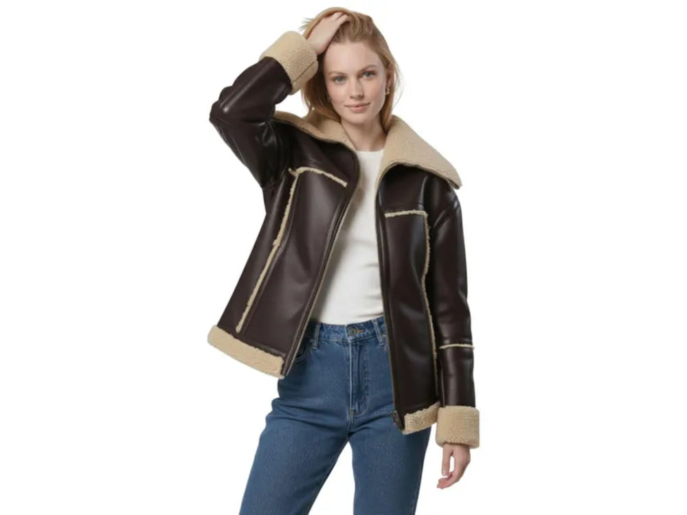 Burgundy Sheepskin Rancher Coat Wholesale | Women’s Curly Faux Shearling Winter Jacket Manufacturer front design preview