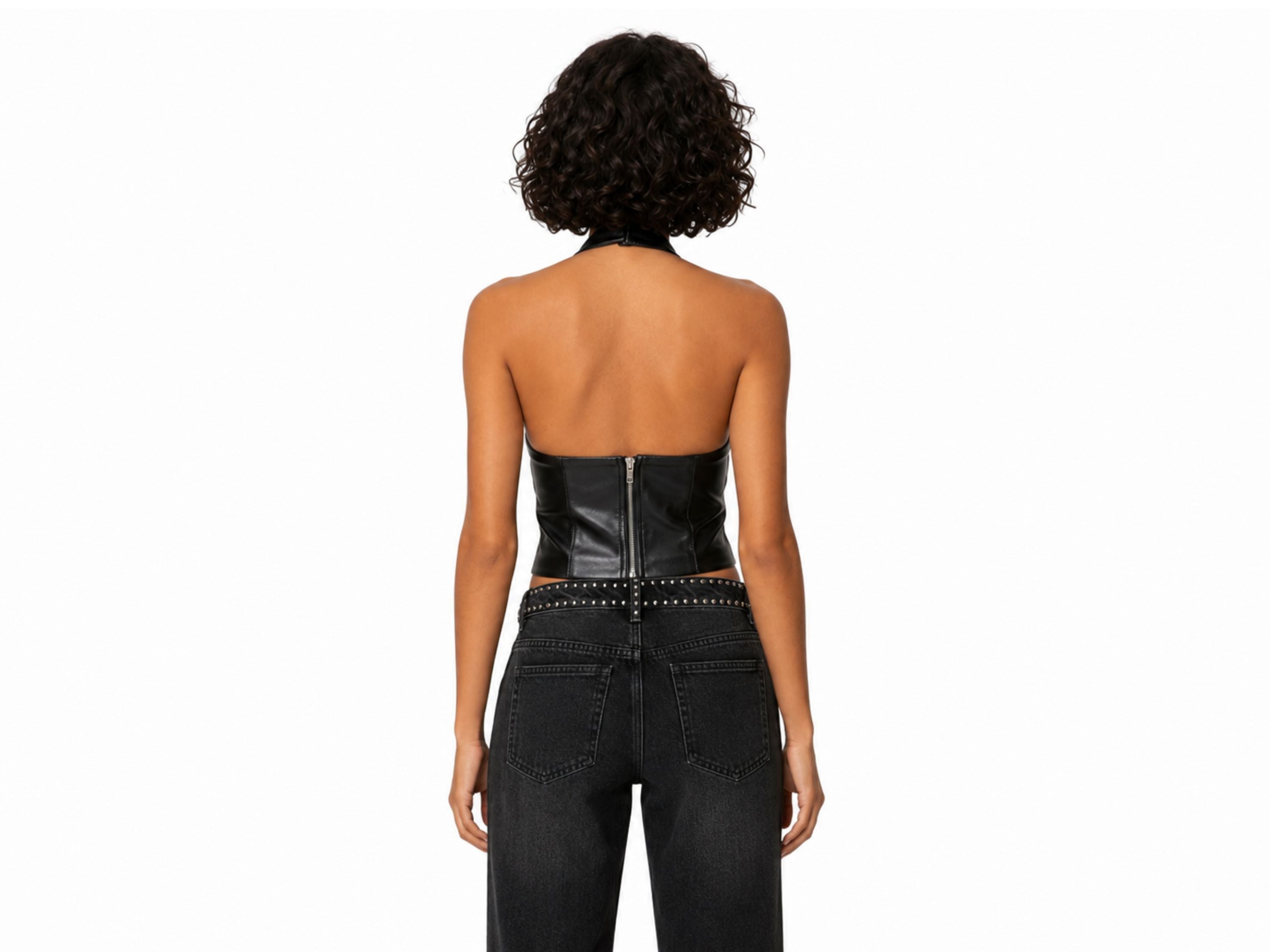 Women’s Black Lambskin Leather Halter Top Wholesale | Custom Private Label Leather Crop Top Manufacturer
