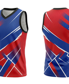 Custom Sublimated Basketball Jersey – Red Blue Geometric Design | Wholesale Basketball Jersey Manufacturer