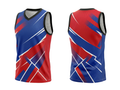 Custom Sublimated Basketball Jersey – Red Blue Geometric Design | Wholesale Basketball Jersey Manufacturer