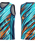 Custom Sublimated Basketball Jersey – Aqua Blue Orange Abstract Design | Wholesale Manufacturer