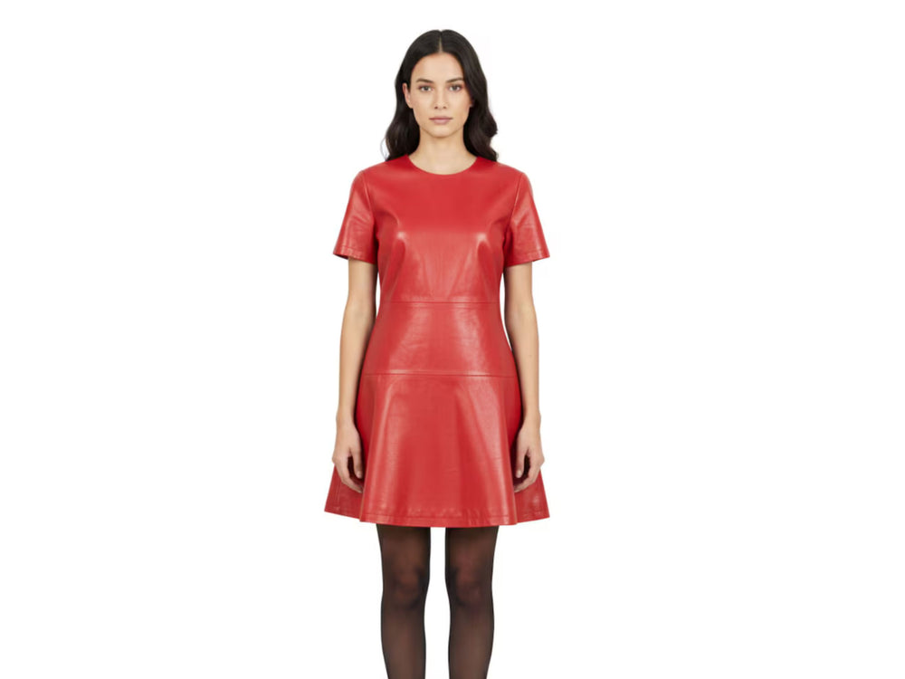 Women’s Genuine Leather Skater Dress Wholesale | Custom Private Label Party Dress Manufacturer front design preview