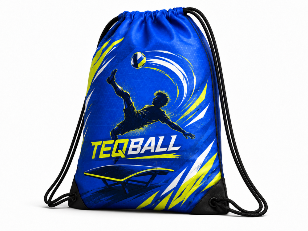 B2B Teqball Drawstring Bag Blue Yellow Sports Backpack for Wholesale Teamwear Buyers front design preview