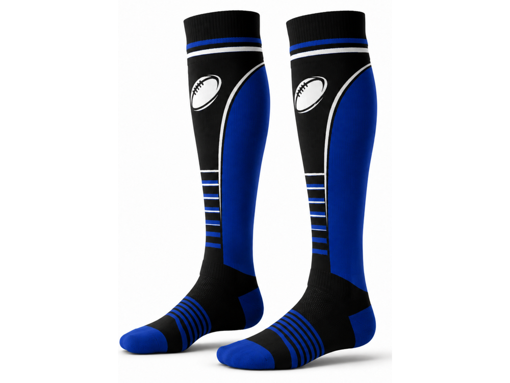 Custom Black Blue Rugby Socks | Wholesale Team Socks for Clubs Schools and Bulk Orders front design preview