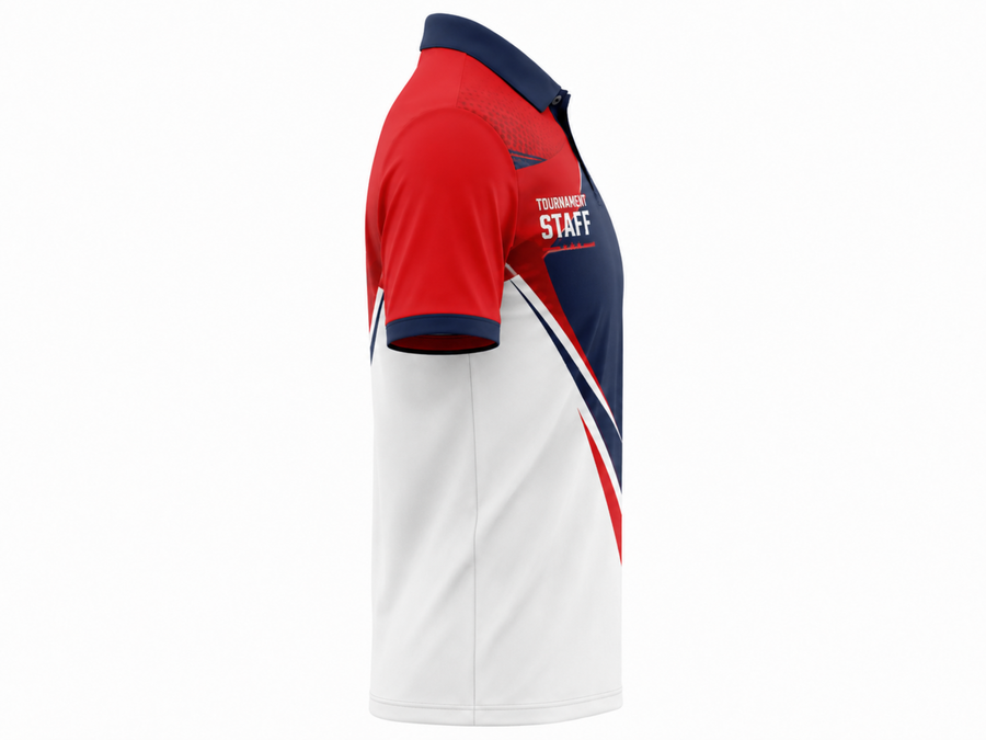 Custom Esports Tournament Staff Polo Shirt | Wholesale Gaming Event Staff Shirt | Navy Red White | Apparels Bridge design preview