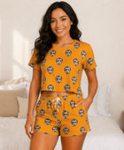 Wholesale Custom Pet Face Polyester Pajama Set, Mustard Yellow Short Sleeve Sleepwear Manufacturer for Private Label Brands