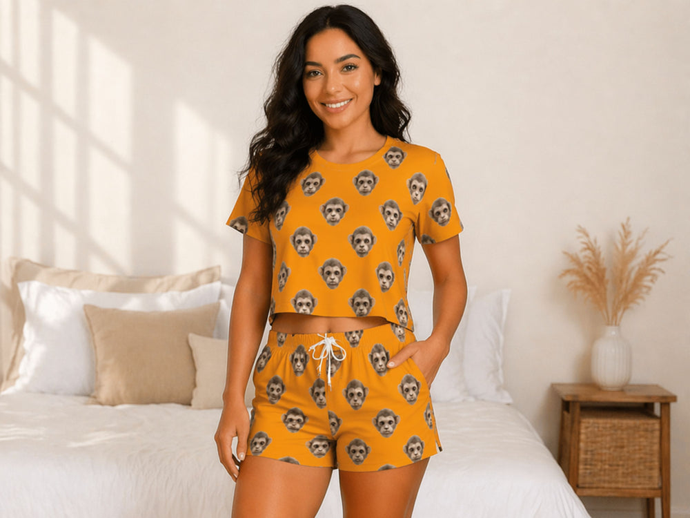 Wholesale Custom Pet Face Polyester Pajama Set, Mustard Yellow Short Sleeve Sleepwear Manufacturer for Private Label Brands front design preview