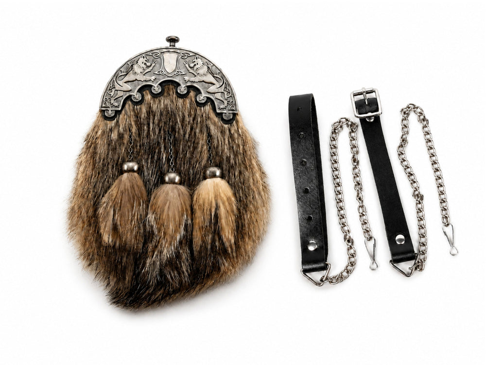Coyote Fur Dress Sporran Brown with Silver Cantle and Three Tassels | B2B Low MOQ front design preview