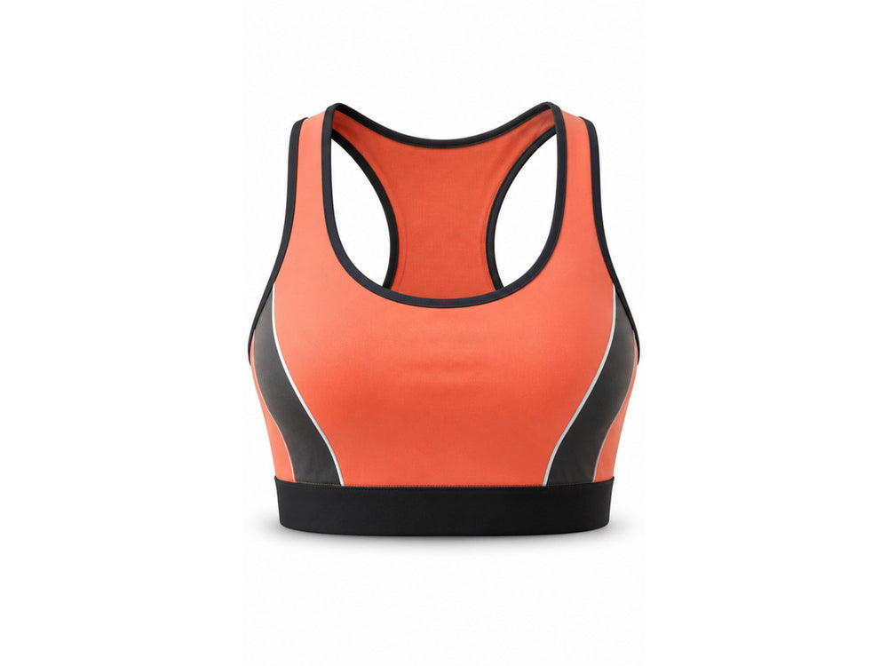 Orange & Black Sports Bra – Athletic Performance Bra, Wholesale Bulk, Low MOQ front design preview