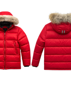 Plush-Trim Hooded Goose Down Puffer Jacket – Red | B2B Low MOQ