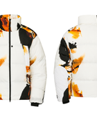 All-Over Print Sublimated Puffer Jacket – White, Black and Orange Abstract Graphic | B2B Low MOQ