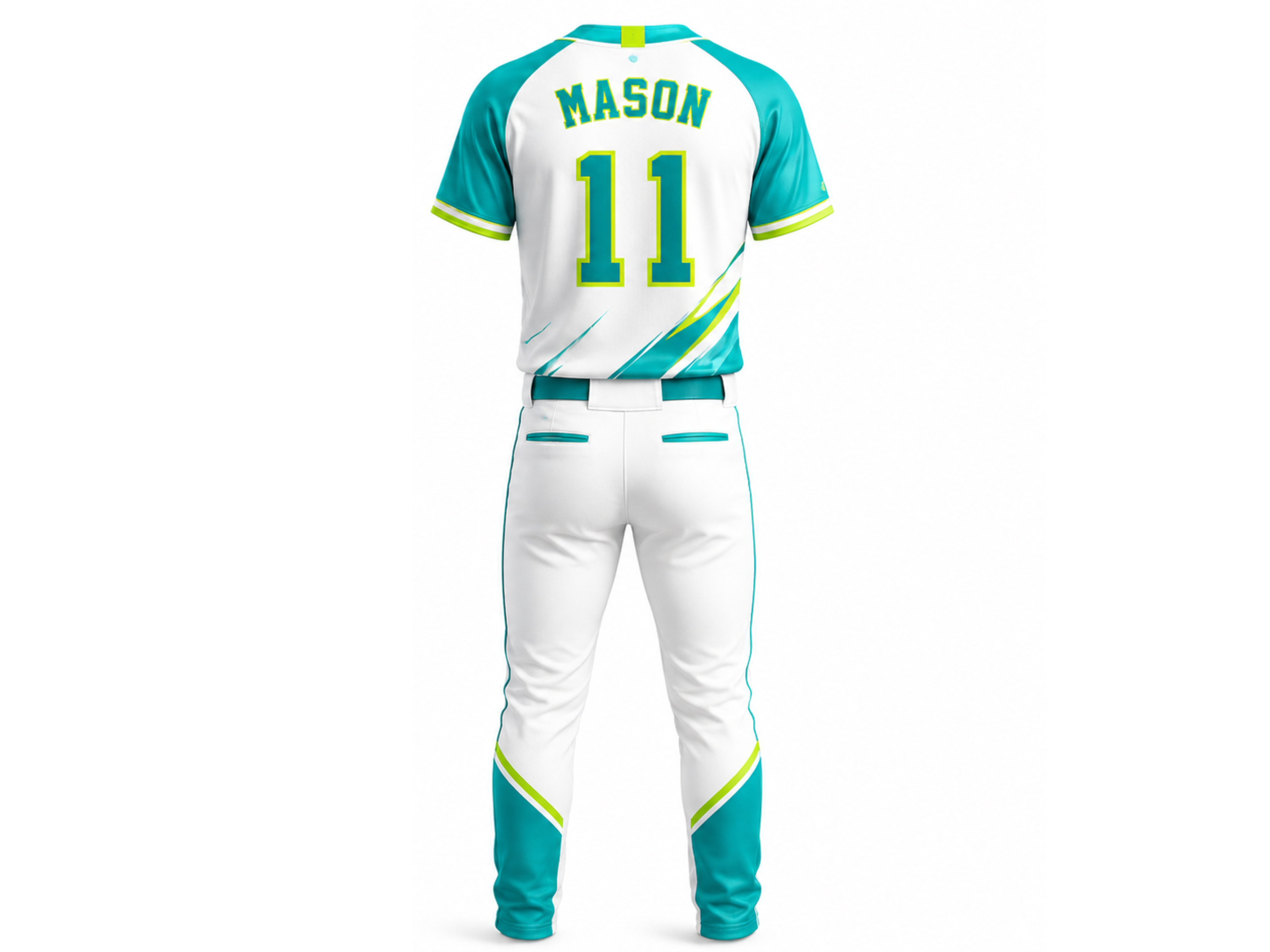 Custom White Teal Lime Baseball Uniform | Wholesale Team Jersey and Pants Set for Bulk Orders