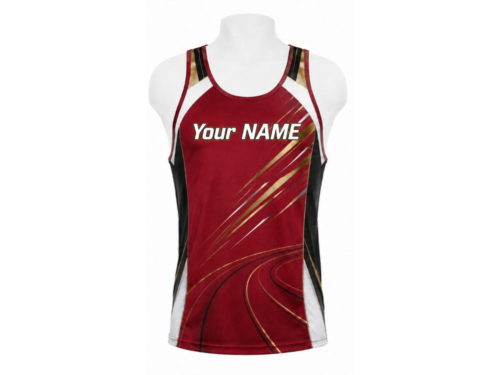 Custom Track & Field Running Singlet | Wholesale Athletics Vest | Maroon Black Gold | Apparels Bridge front design preview