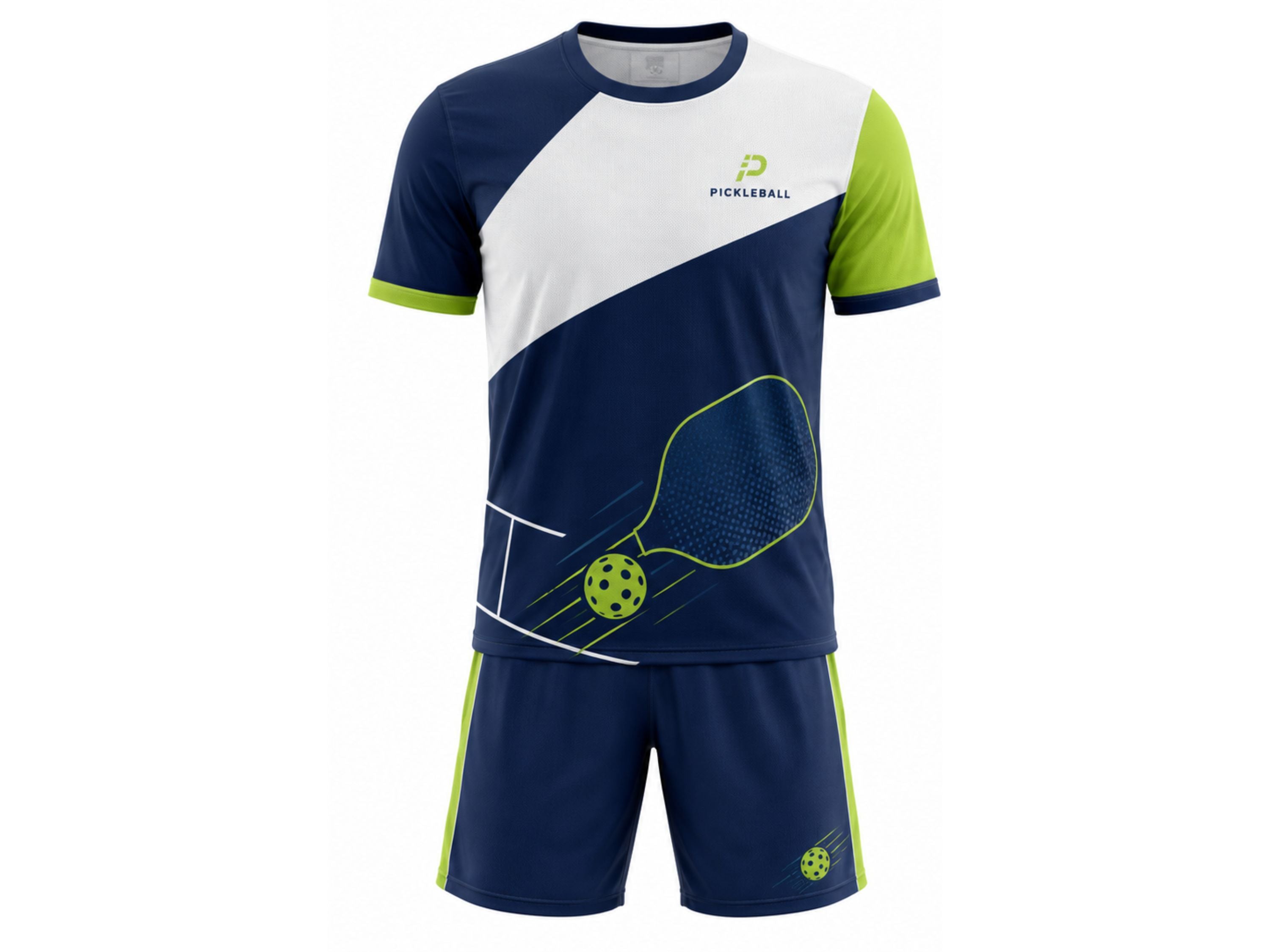 Custom Men's Pickleball Polo and Shorts Set | Wholesale Pickleball Team Uniform | Navy White Lime Green | Apparels Bridge