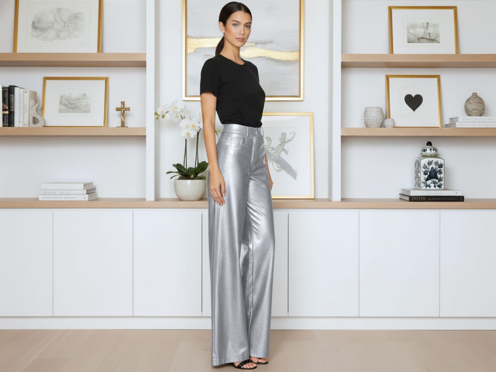 Elephant Metallic silver Faux Leather Wide Leg Jeans Wholesale | Custom Private Label Pants Manufacturer front design preview
